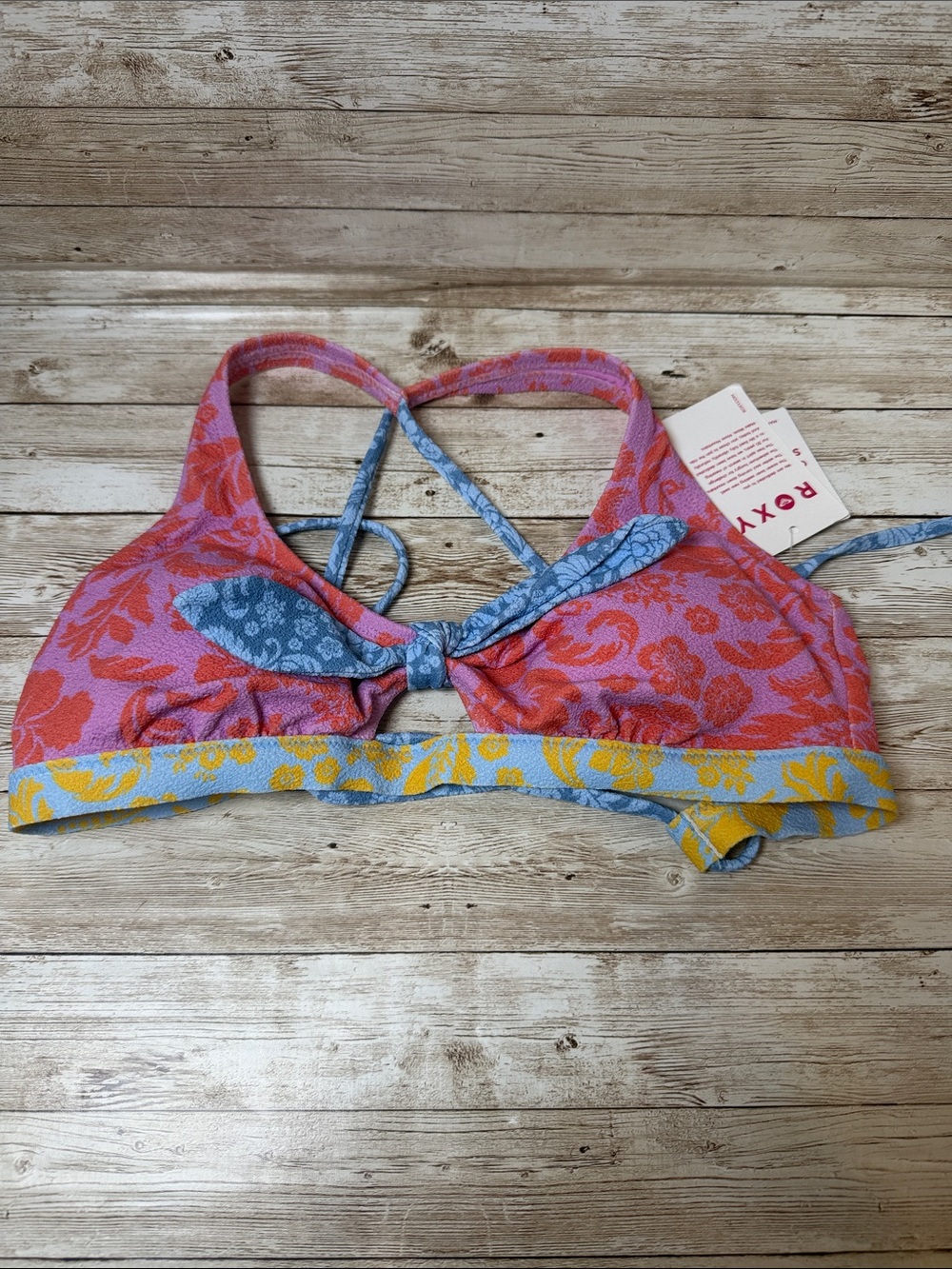 Roxy Pink Floral Tie-Front Bikini Top with Blue and Yellow Trim NEW S/8 - Picture 4 of 7